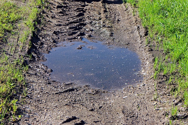 Puddle showing lack of drainage in compacted ground